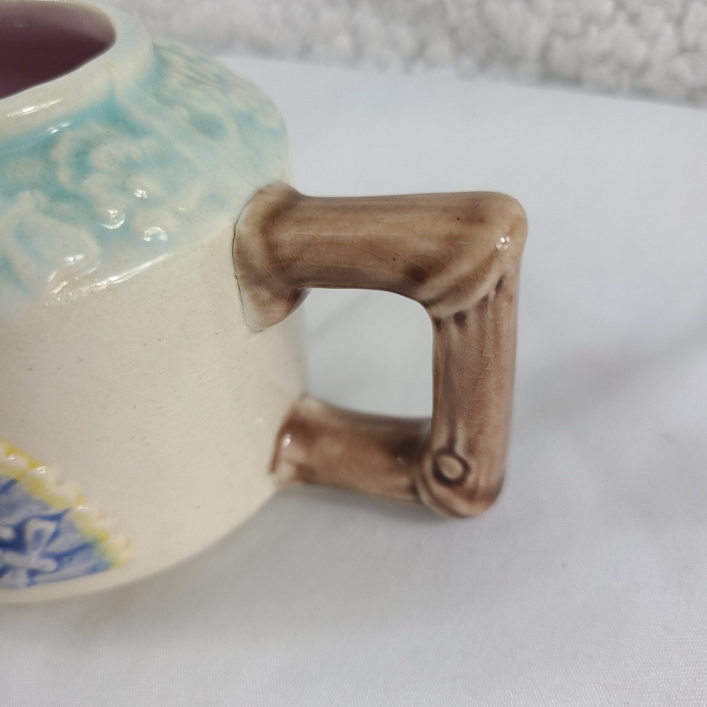 Vintage Ceramic Fan Floral Creamer Pitcher Pastel Faux Bamboo Handle Lavender - Picture 5 of 8